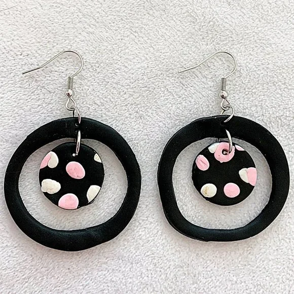 Polka Dot Hollow-Out Round Polymer Clay Dangle Drop Earrings - Picture 2 of 6